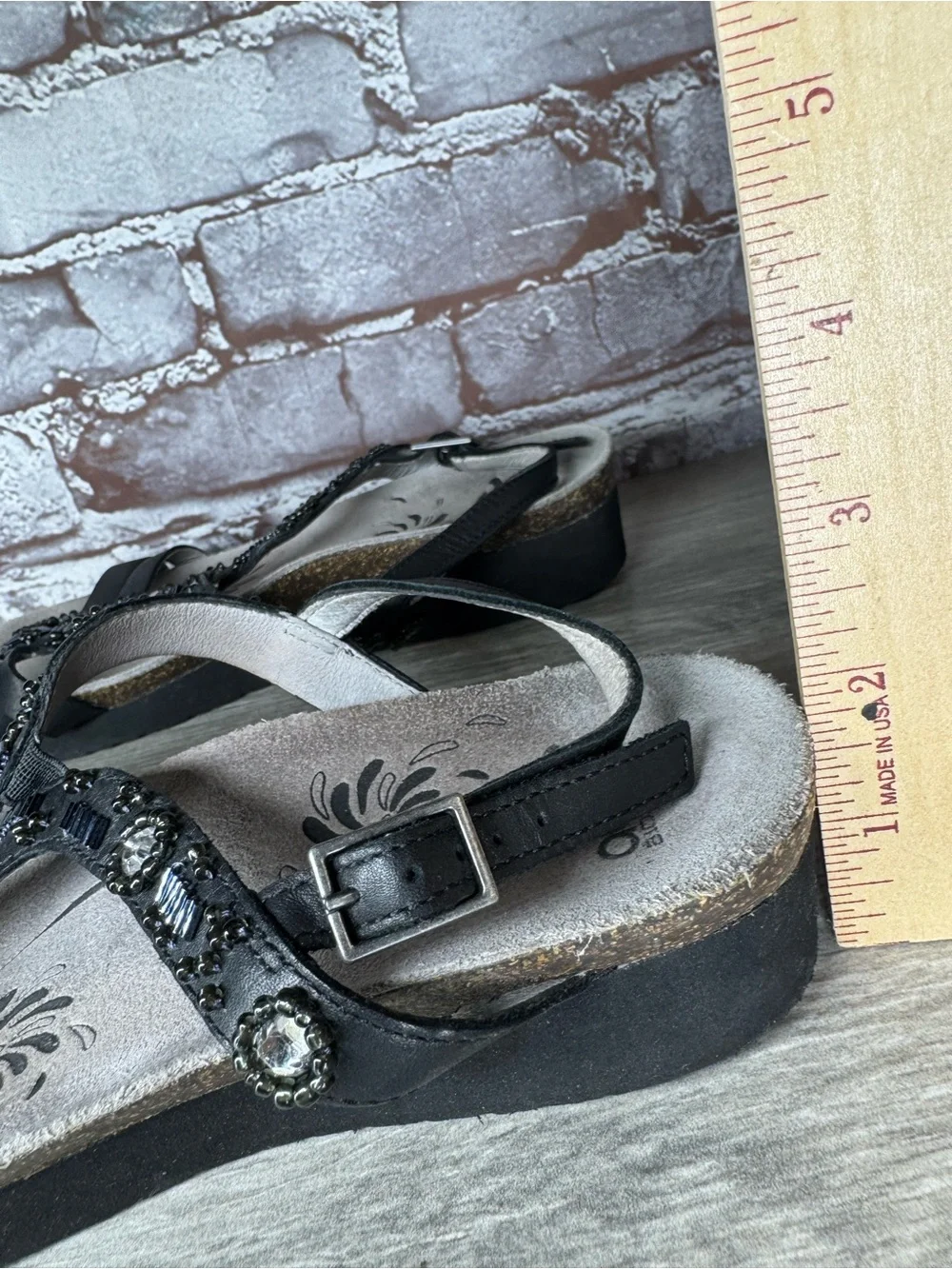 Abeo Neutral Black Leather Cheri Beaded Orthotic Comfort Buckle Sandals Women 7N